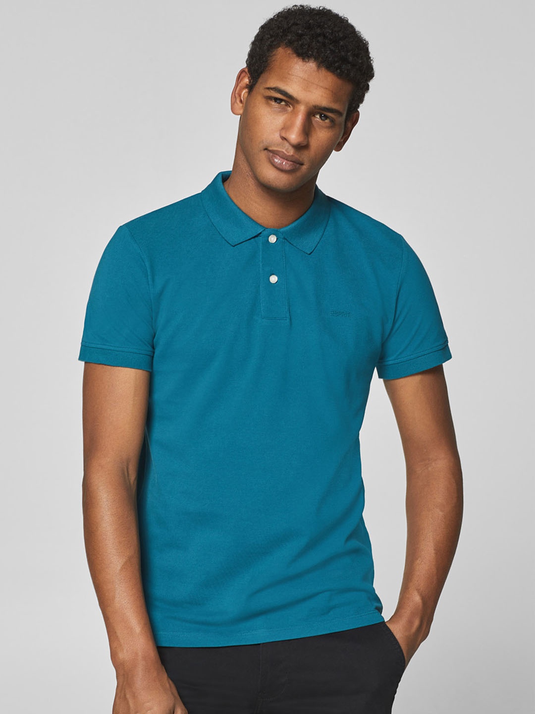 

ESPRIT Men Teal Green Solid Polo Collar Pure Cotton T-shirt