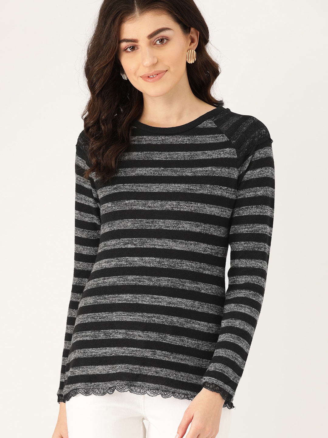 

ESPRIT Women Black & Grey Melange Striped Round Neck T-shirt