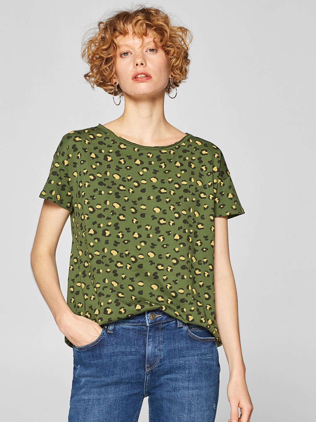 

ESPRIT Women Olive Green & Yellow Animal Printed Round Neck T-shirt