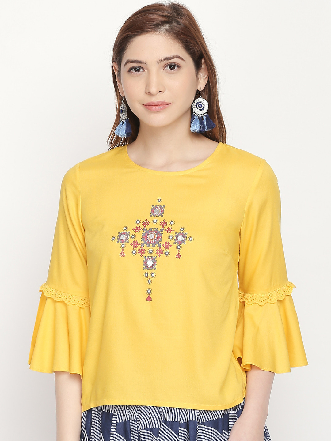 

AKKRITI BY PANTALOONS Women Yellow Printed A-Line Pure Cotton Top