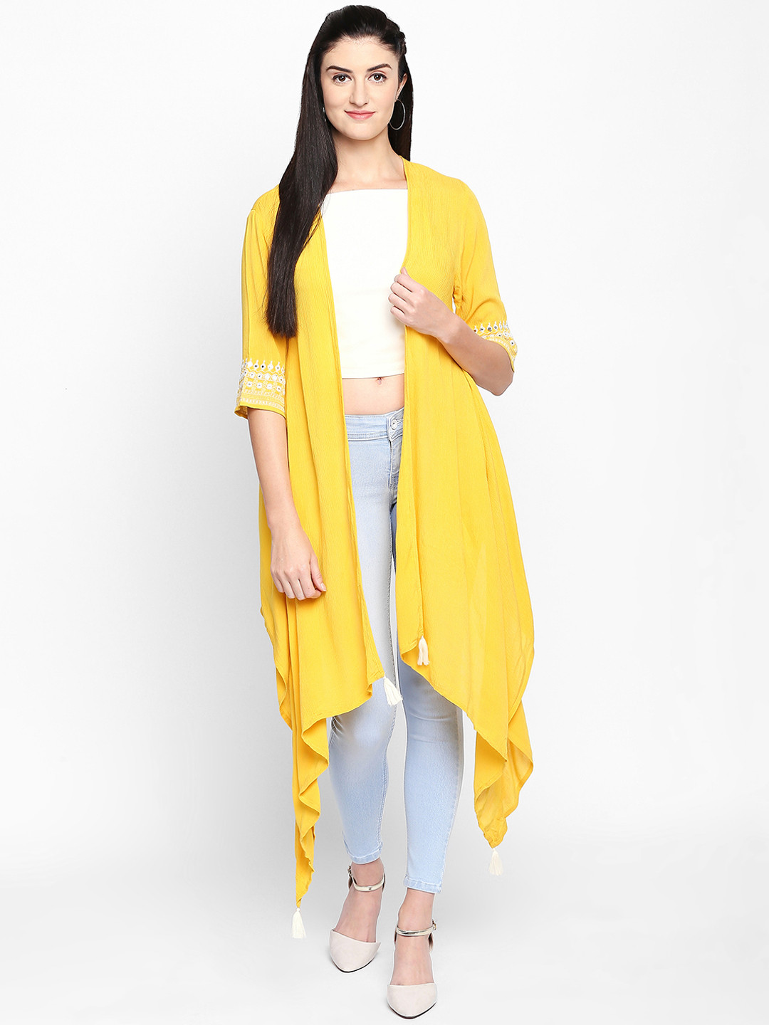 

AKKRITI BY PANTALOONS Yellow Solid Open Front Shrug