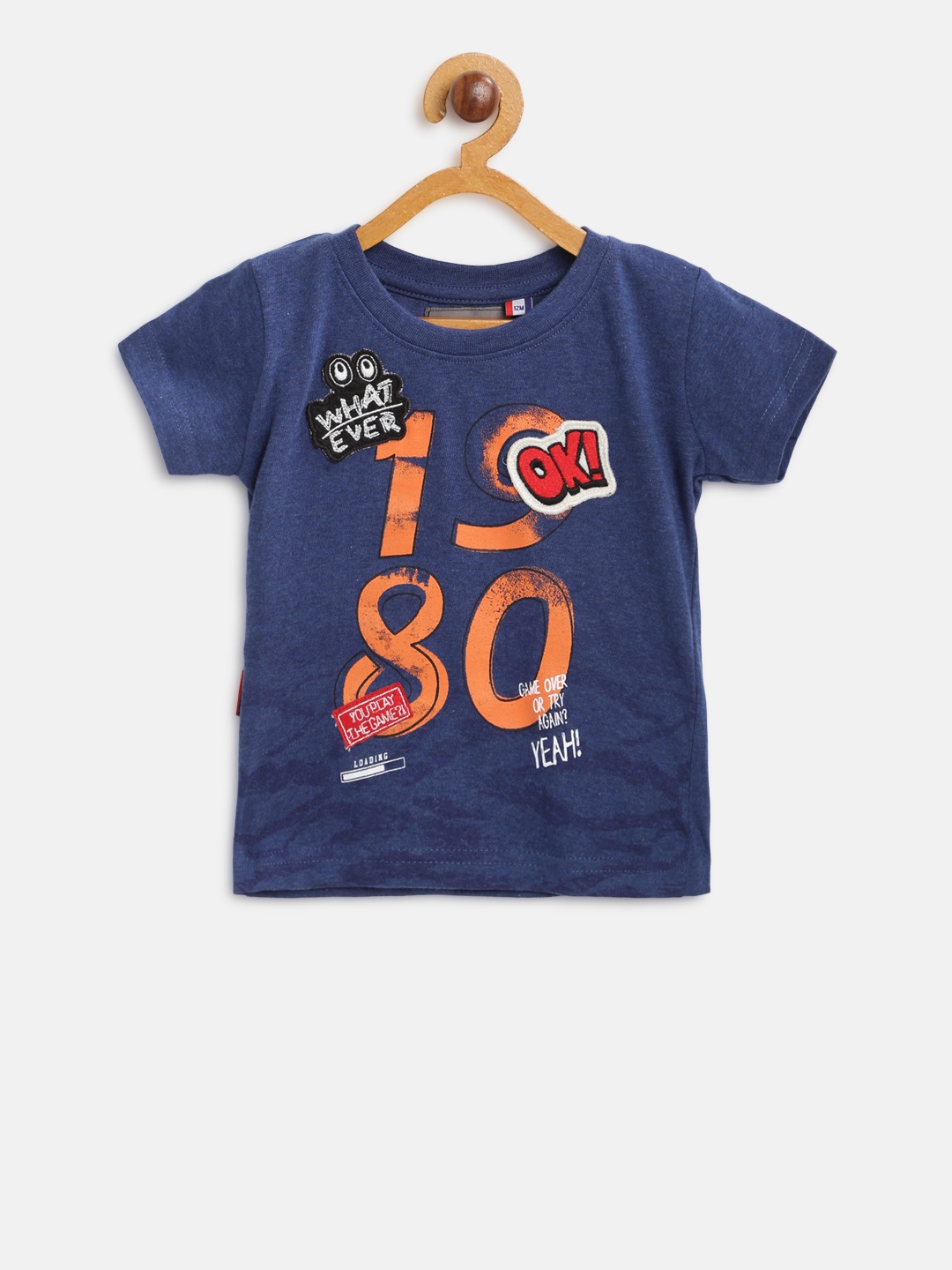 

Gini and Jony Boys Navy Blue Printed Round Neck Pure Cotton T-shirt with Applique Detail