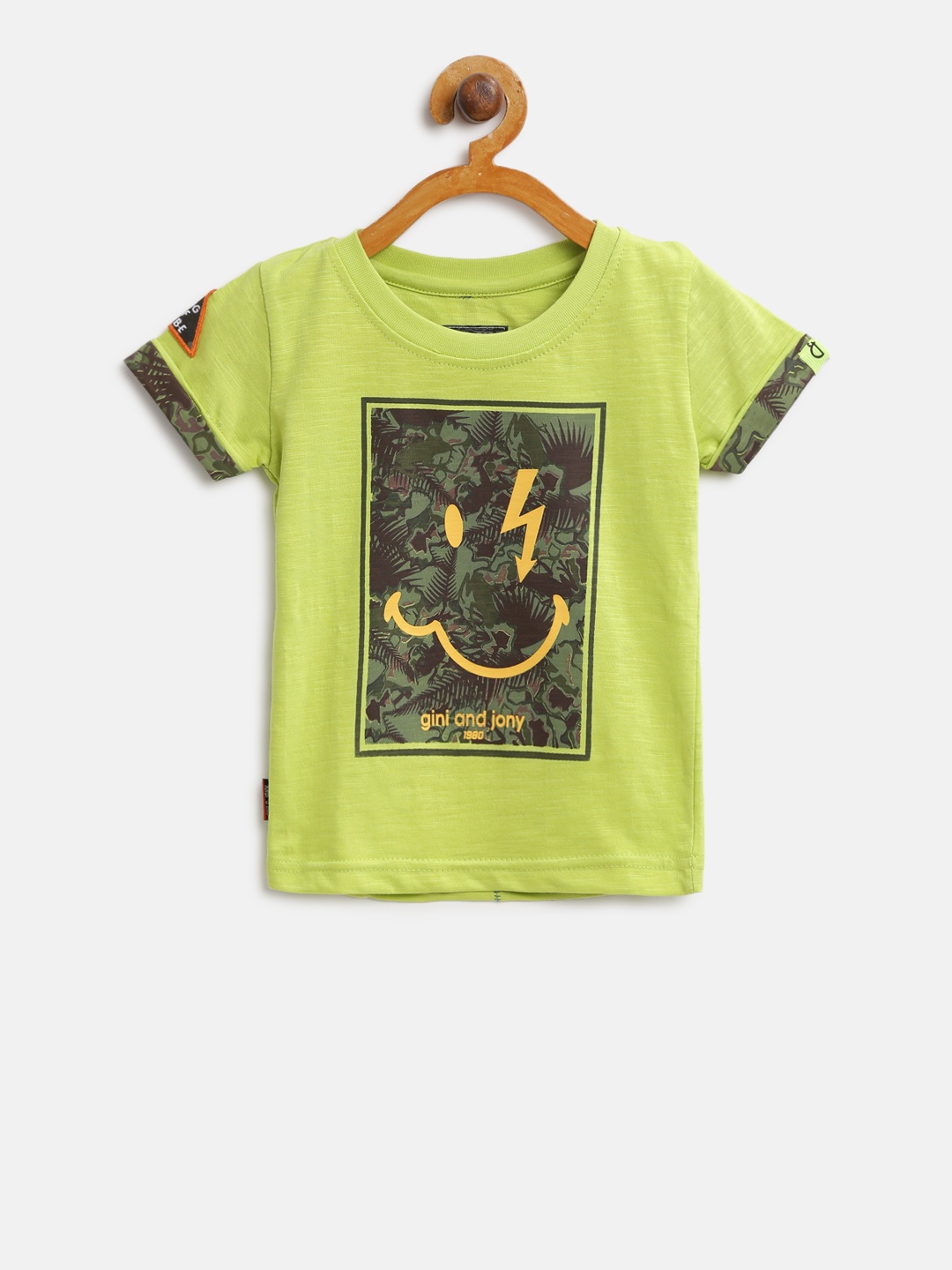 

Gini and Jony Boys Green Printed Round Neck Pure Cotton T-shirt
