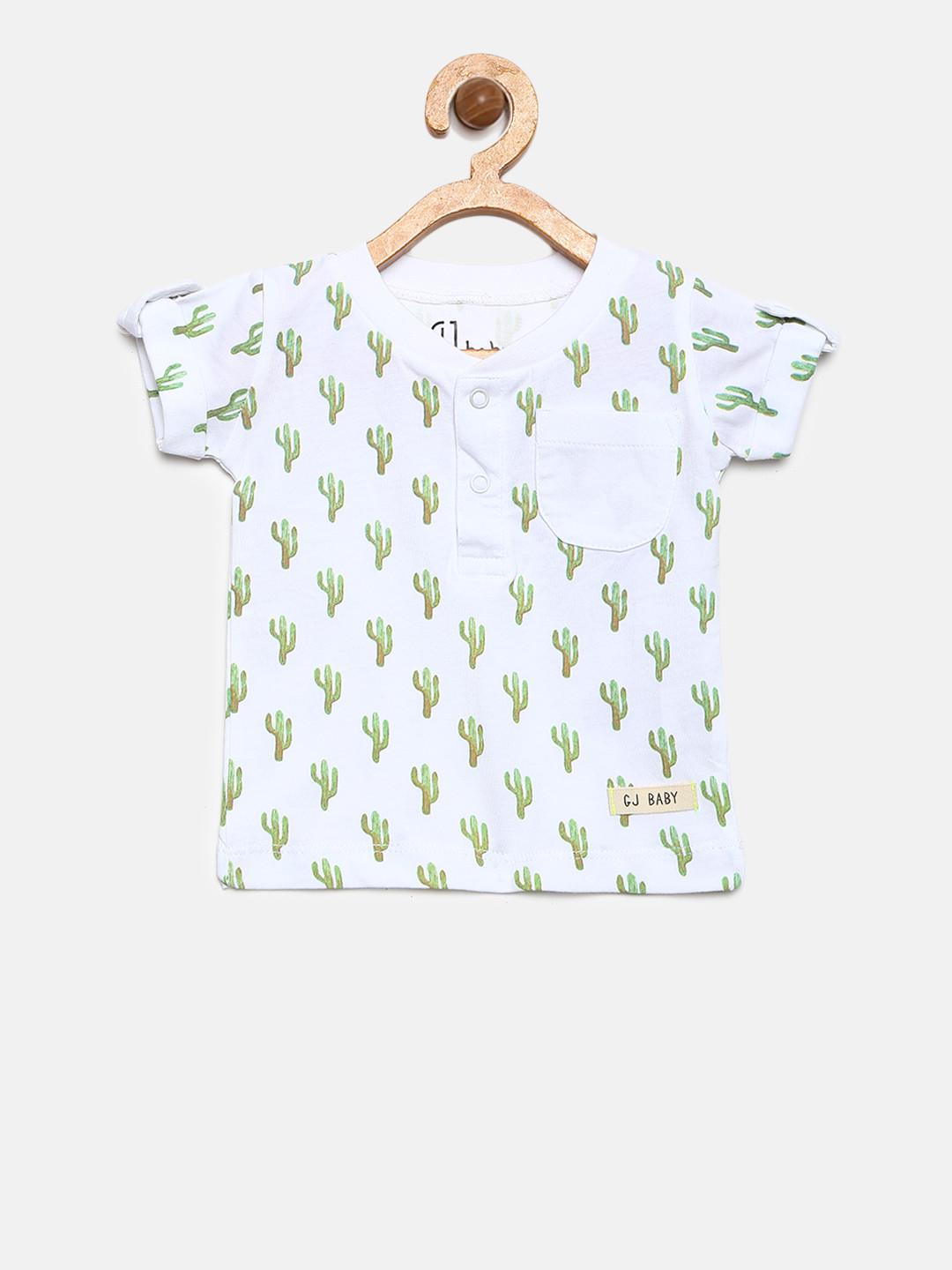 

Gini and Jony Boys White & Green Printed Henley Neck T-shirt