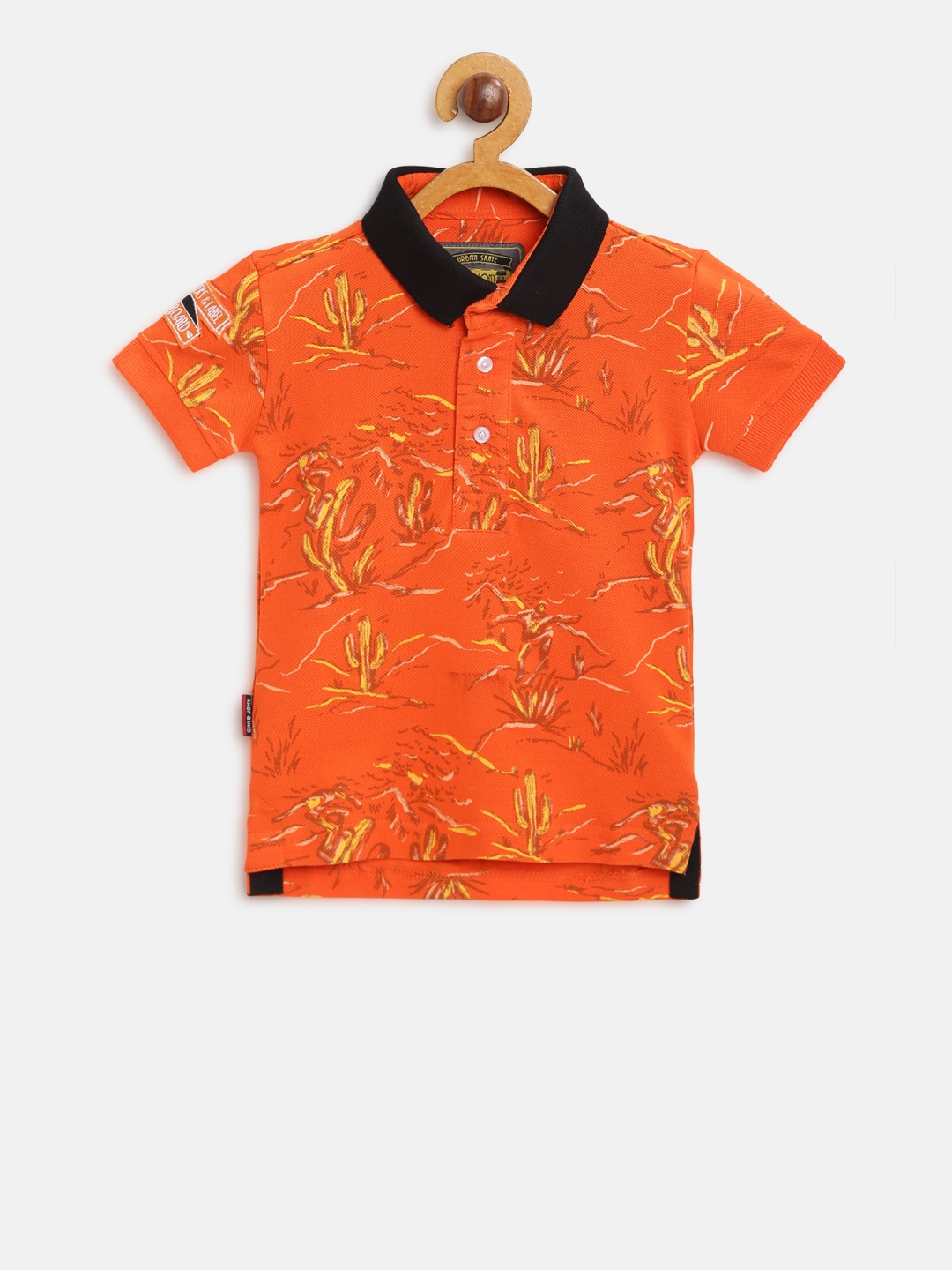 

Gini and Jony Boys Orange Yellow Printed Polo Collar Pure Cotton T-shirt