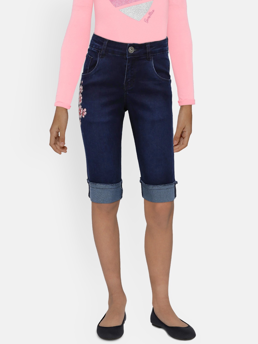 

Palm Tree Girls Navy Blue Printed Regular Fit Capris