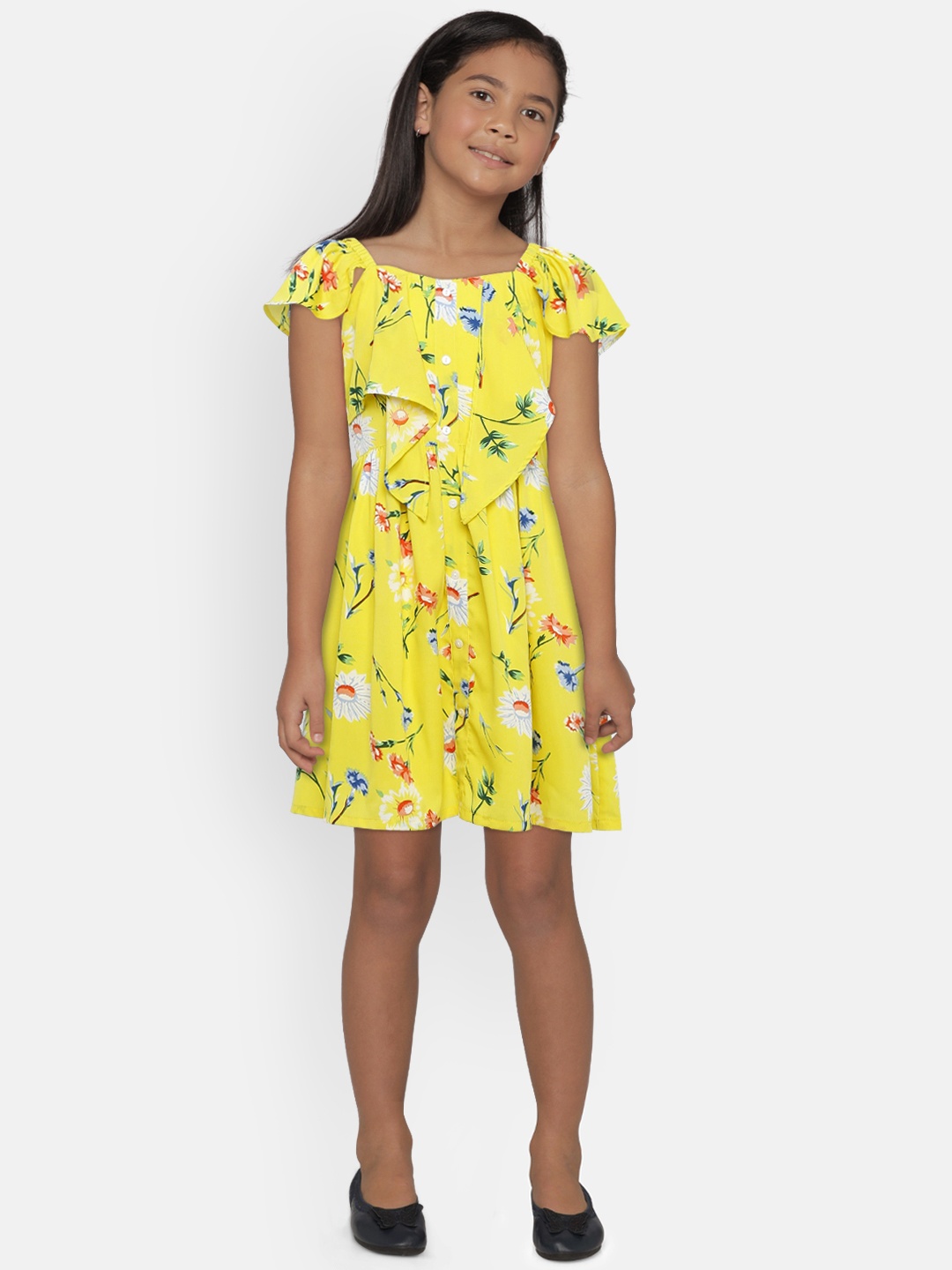 

Gini and Jony Girls Yellow Printed Fit and Flare Dress