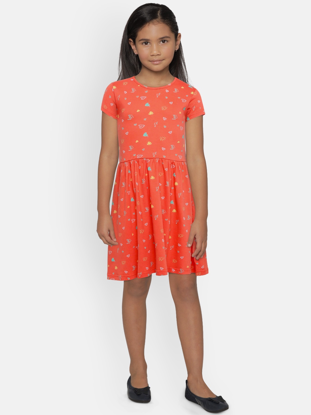 

Palm Tree Girls Peach-Coloured Printed Fit and Flare Dress