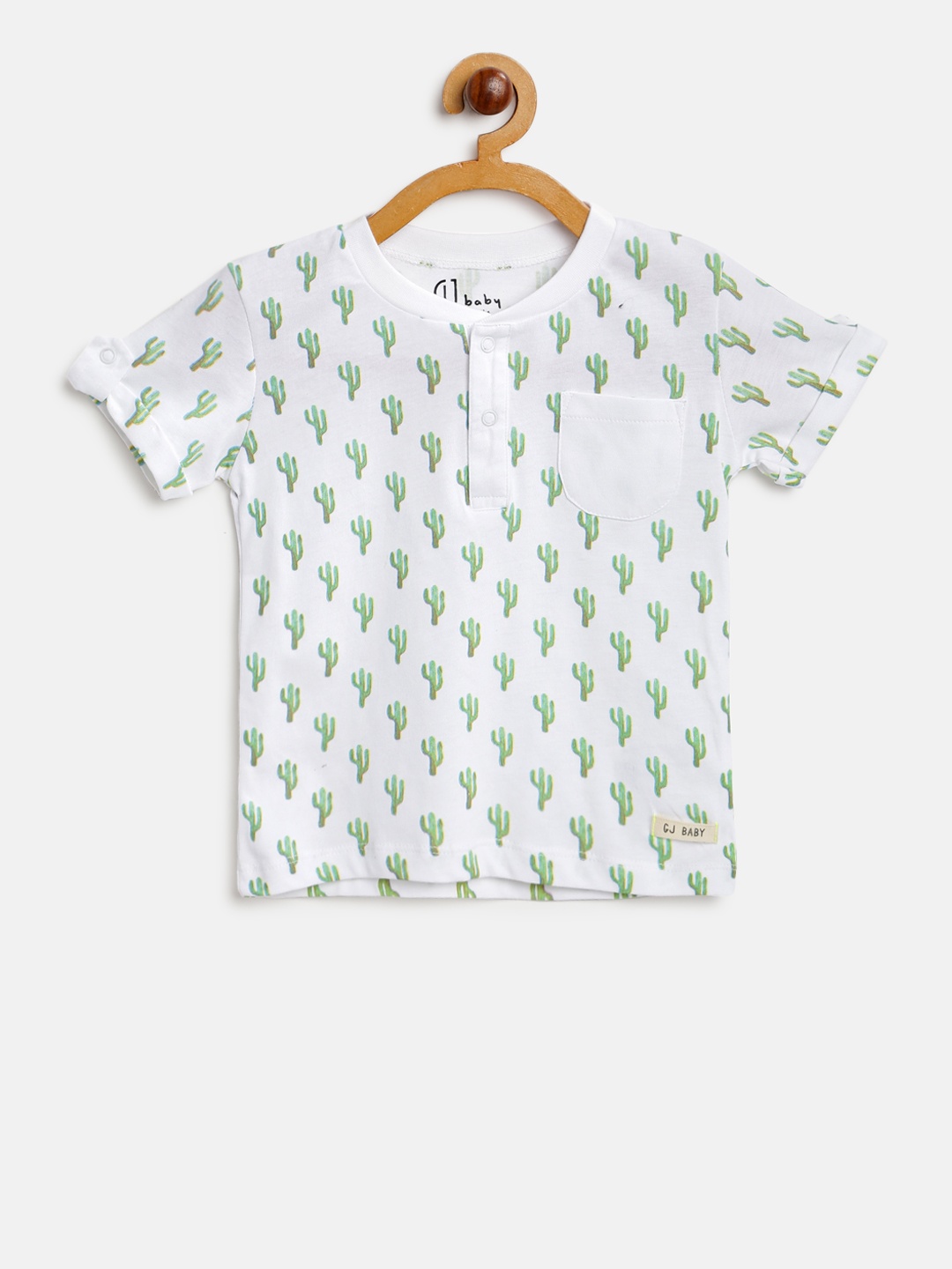 

Gini and Jony Boys White Green Printed Henley Neck Pure Cotton T-shirt