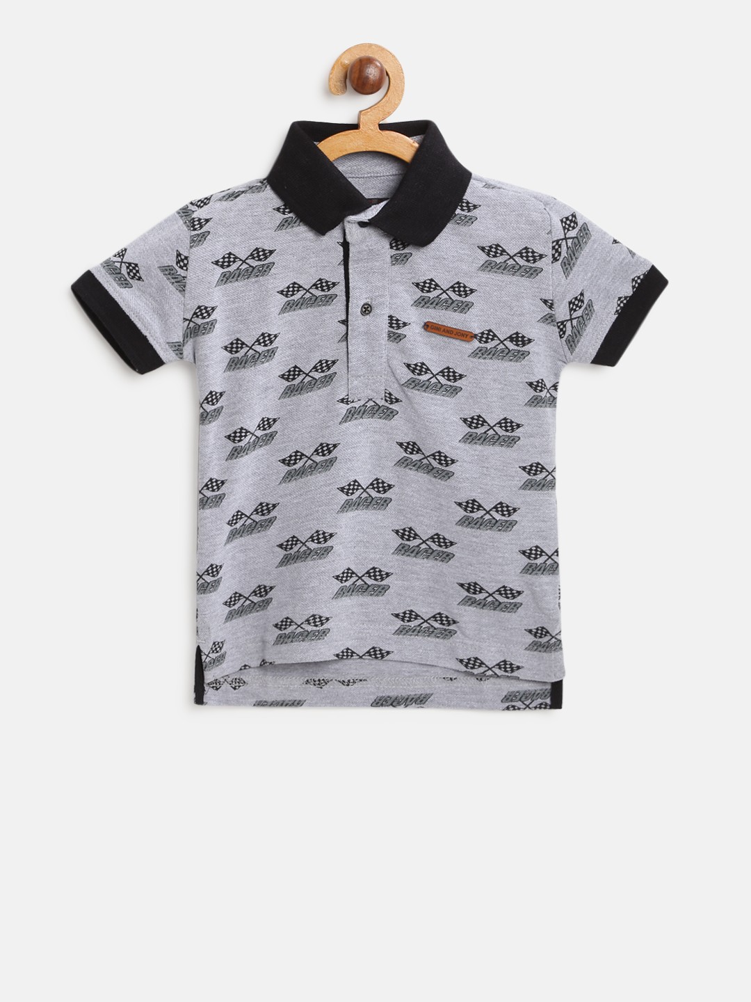 

Gini and Jony Boys Grey Melange & Black Printed Polo Collar T-shirt