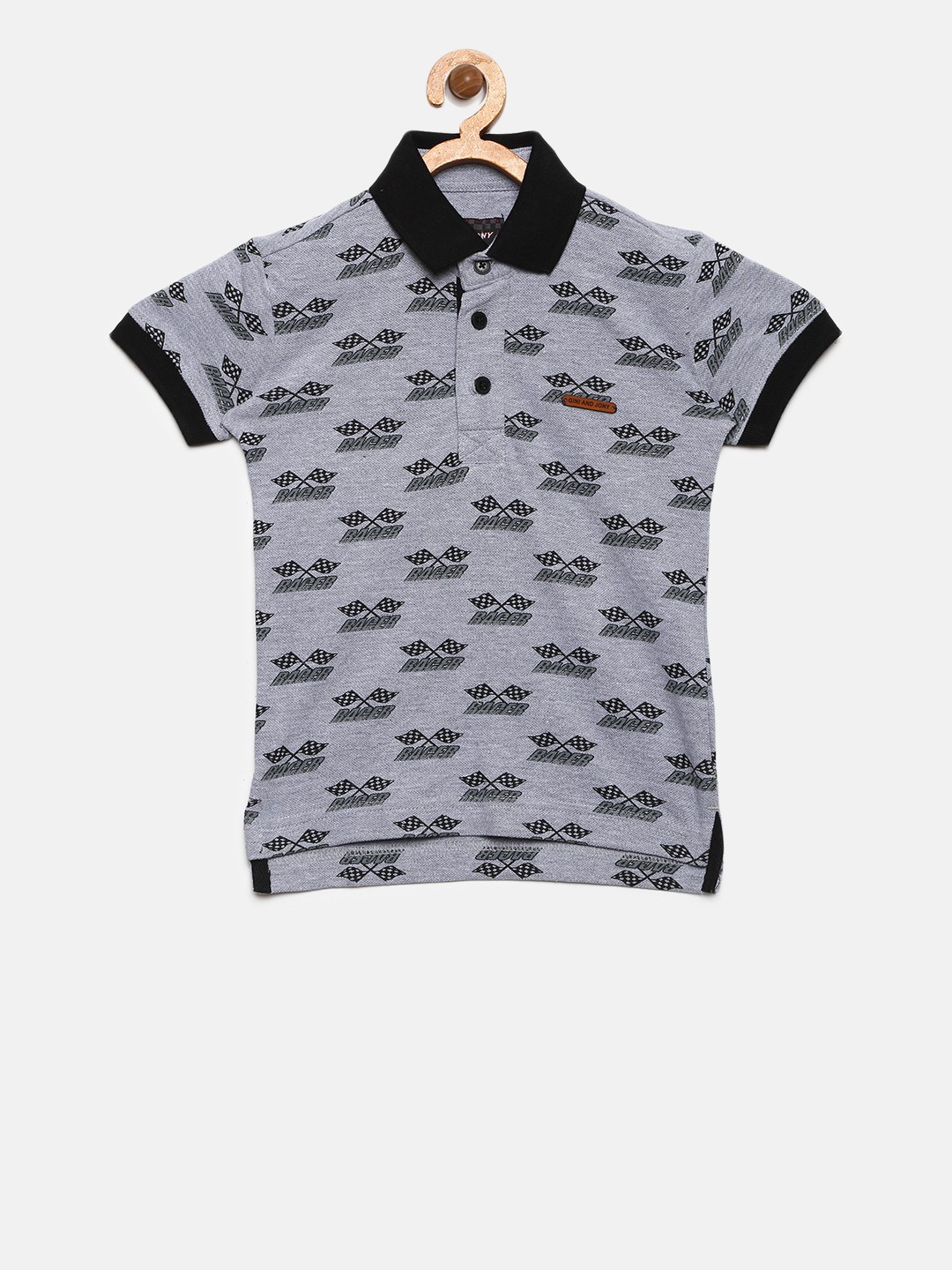 

Gini and Jony Boys Grey Melange & Black Printed Polo Collar T-shirt