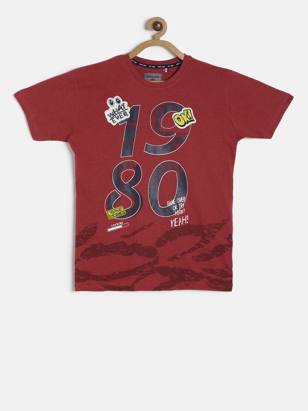 

Gini and Jony Boys Maroon Printed Round Neck T-shirt