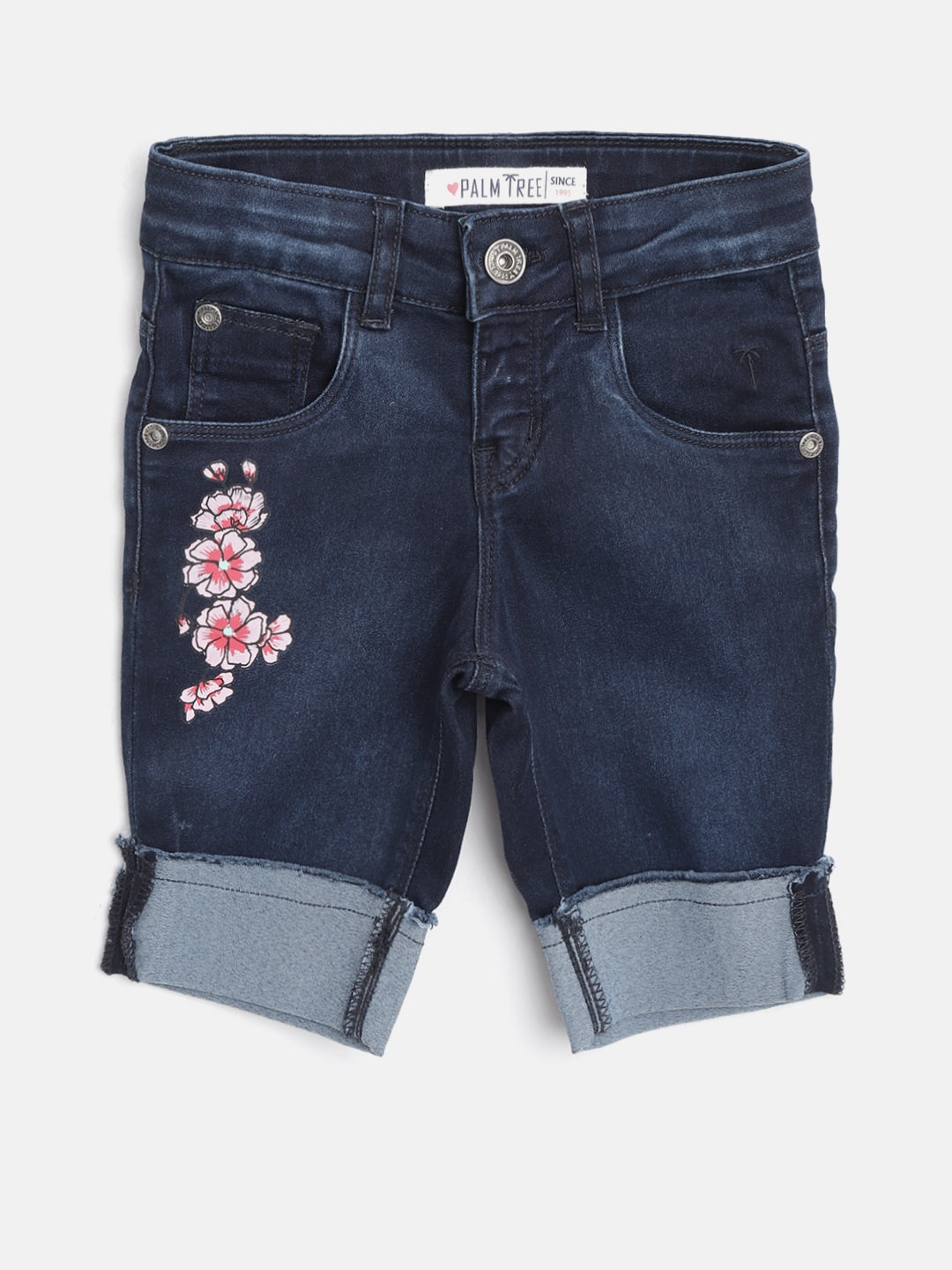 

Palm Tree Girls Navy Blue Solid Regular Fit Denim Capris with Printed Detail