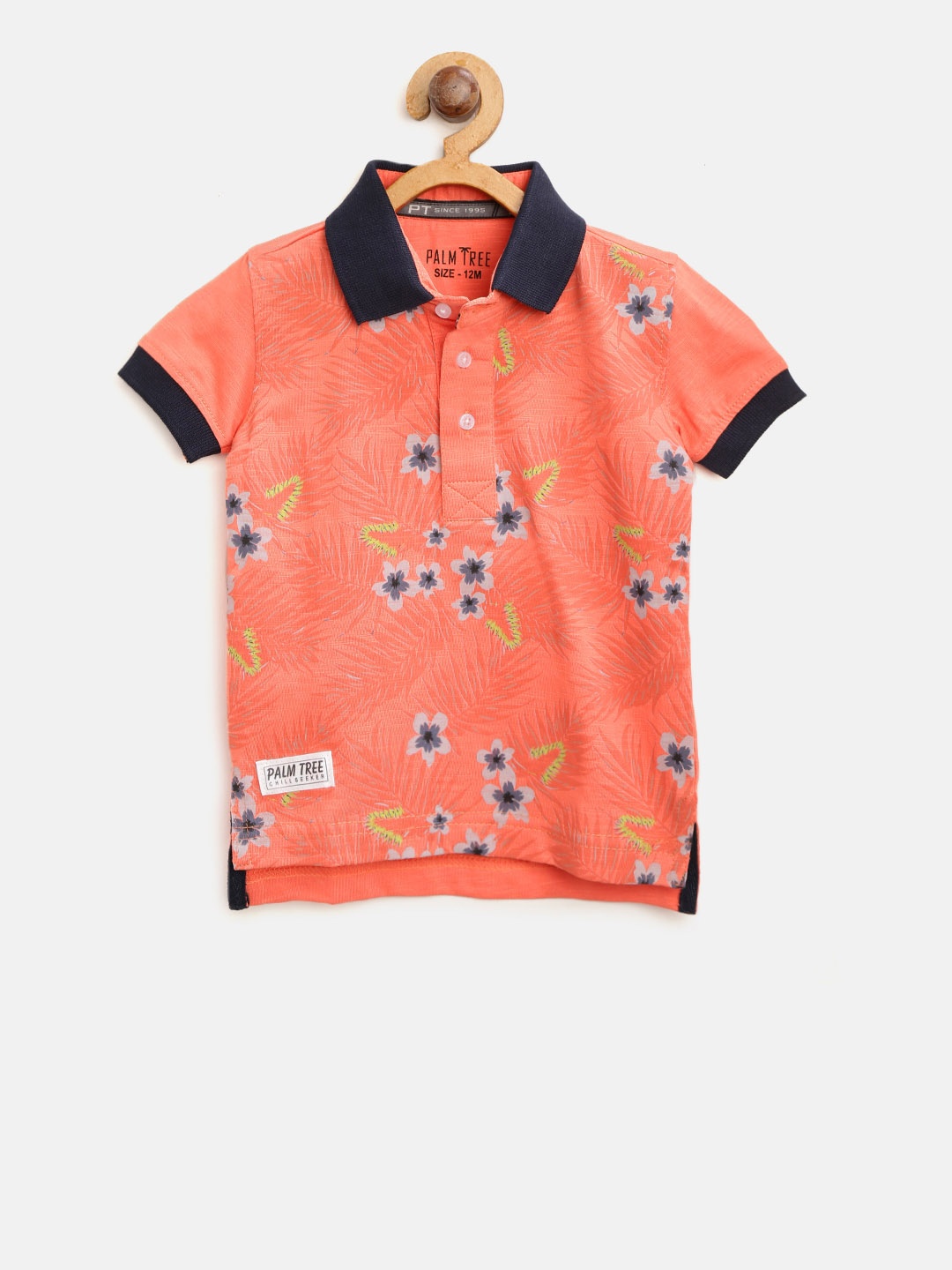 

Palm Tree Boys Coral Orange Floral Print Polo Collar Pure Cotton T-shirt