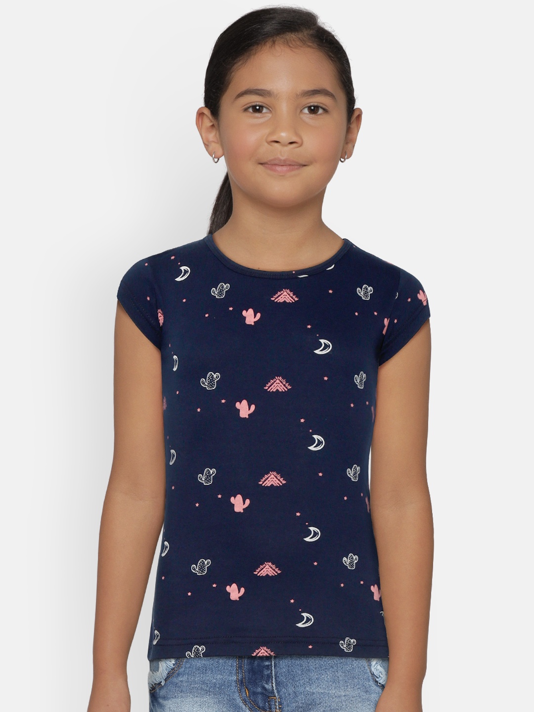 

Palm Tree Girls Navy Blue & Peach-Coloured Printed Round Neck Cotton T-shirt