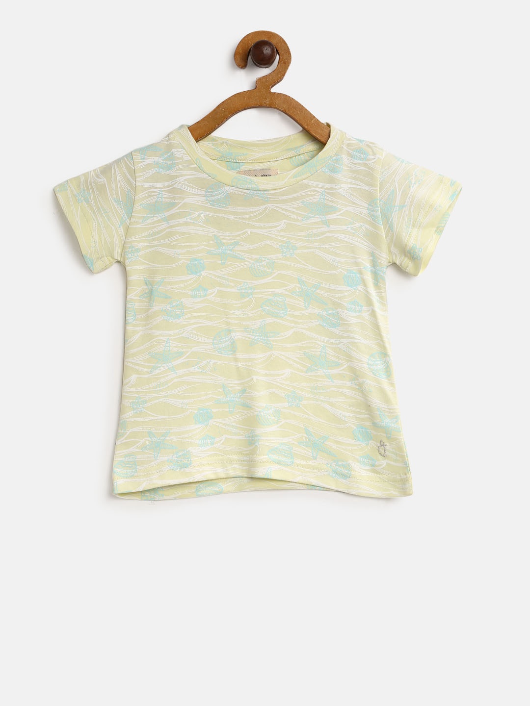 

Gini and Jony Girls Yellow & Sea Green Printed Round Neck Pure Cotton T-shirt