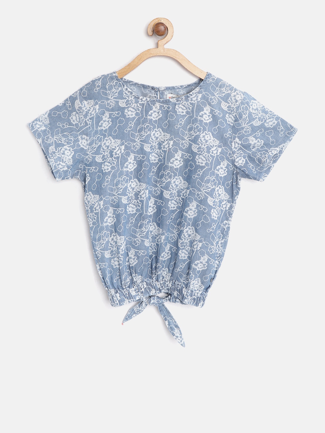 

Palm Tree Girls Blue & White Floral Print Chambray Blouson Pure Cotton Top