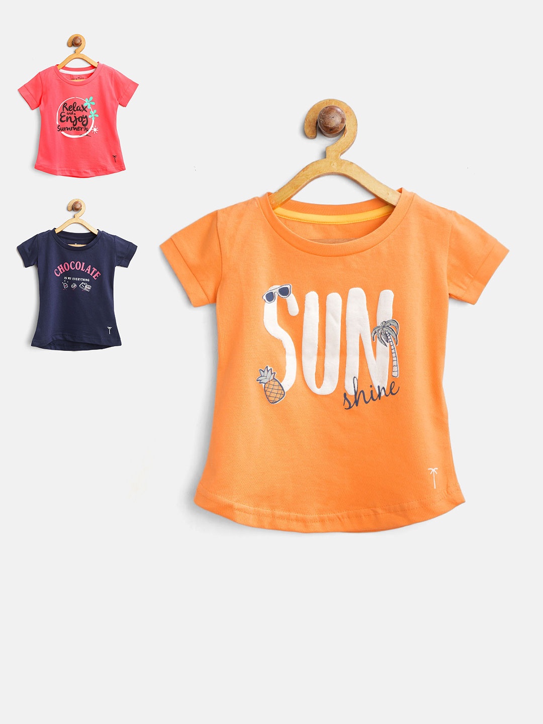 

Palm Tree Girls Pack of 3 Printed Pure Cotton Tops, Pink