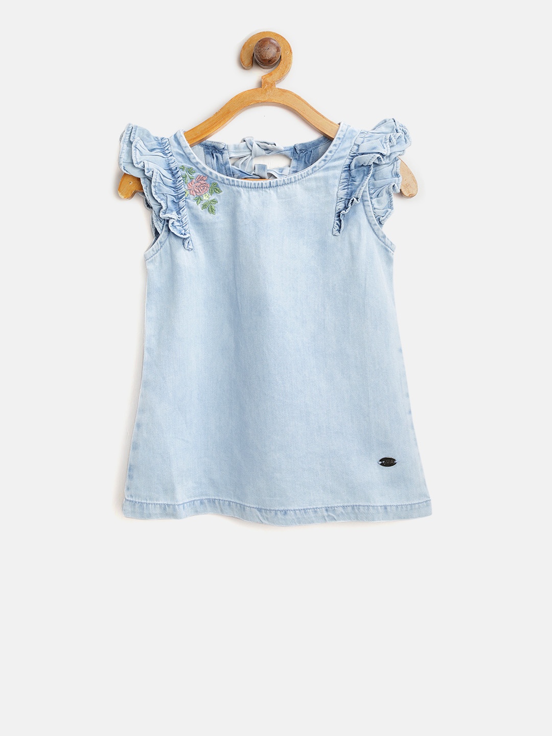 

Palm Tree Girls Blue Solid Denim Pure Cotton Top