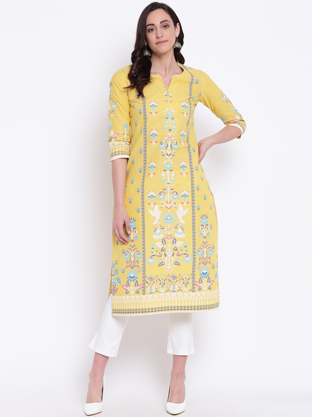

Biba Women Mustard Yellow & Blue Printed Straight Kurta