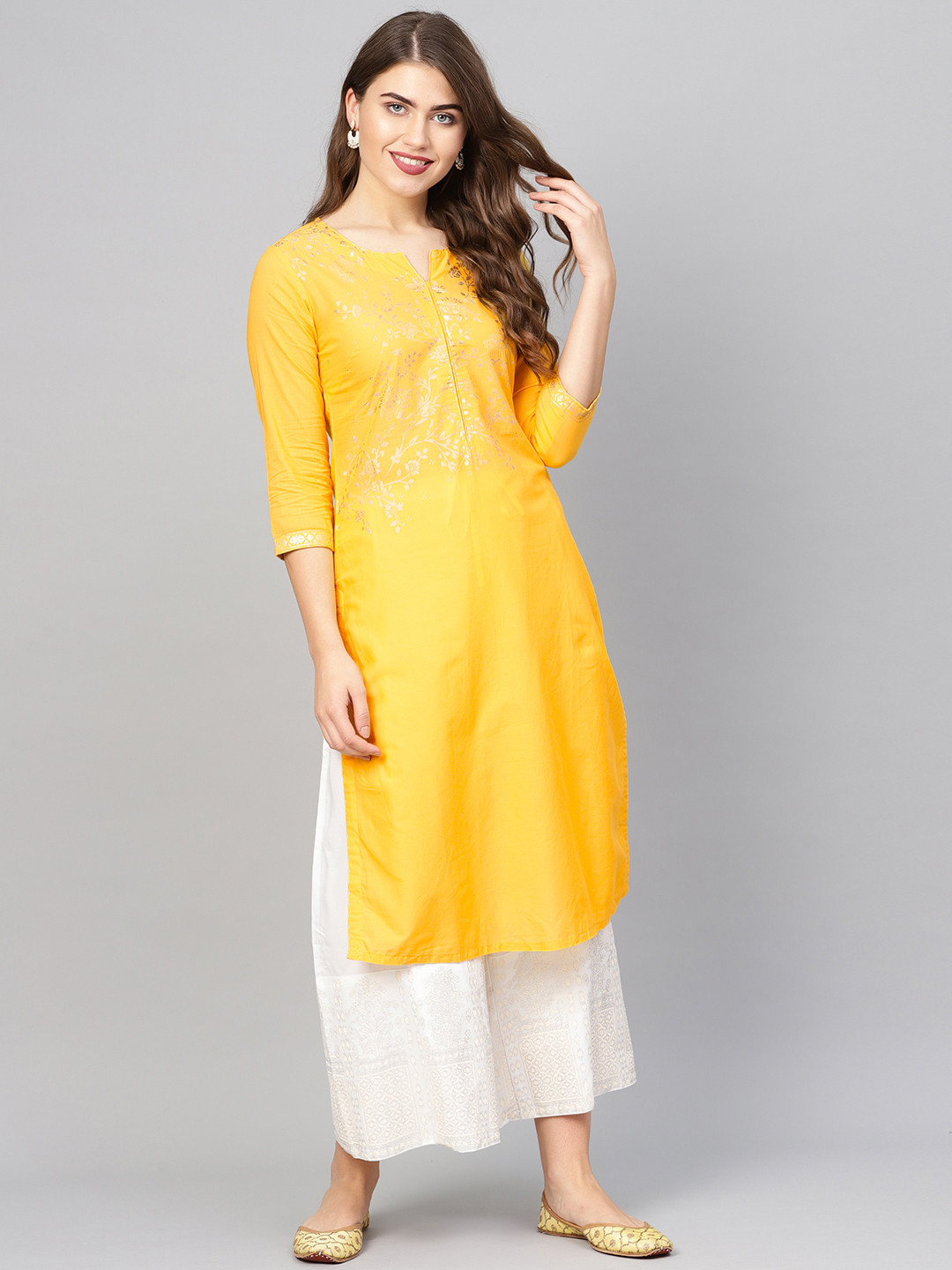 

Biba Women Yellow & Golden Yoke Design Straight Kurta