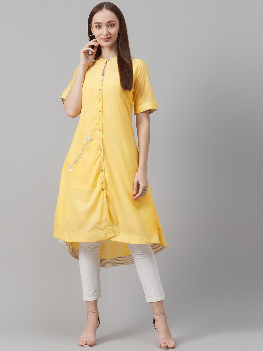 

Biba Women Yellow Solid High-Low A-Line Kurta