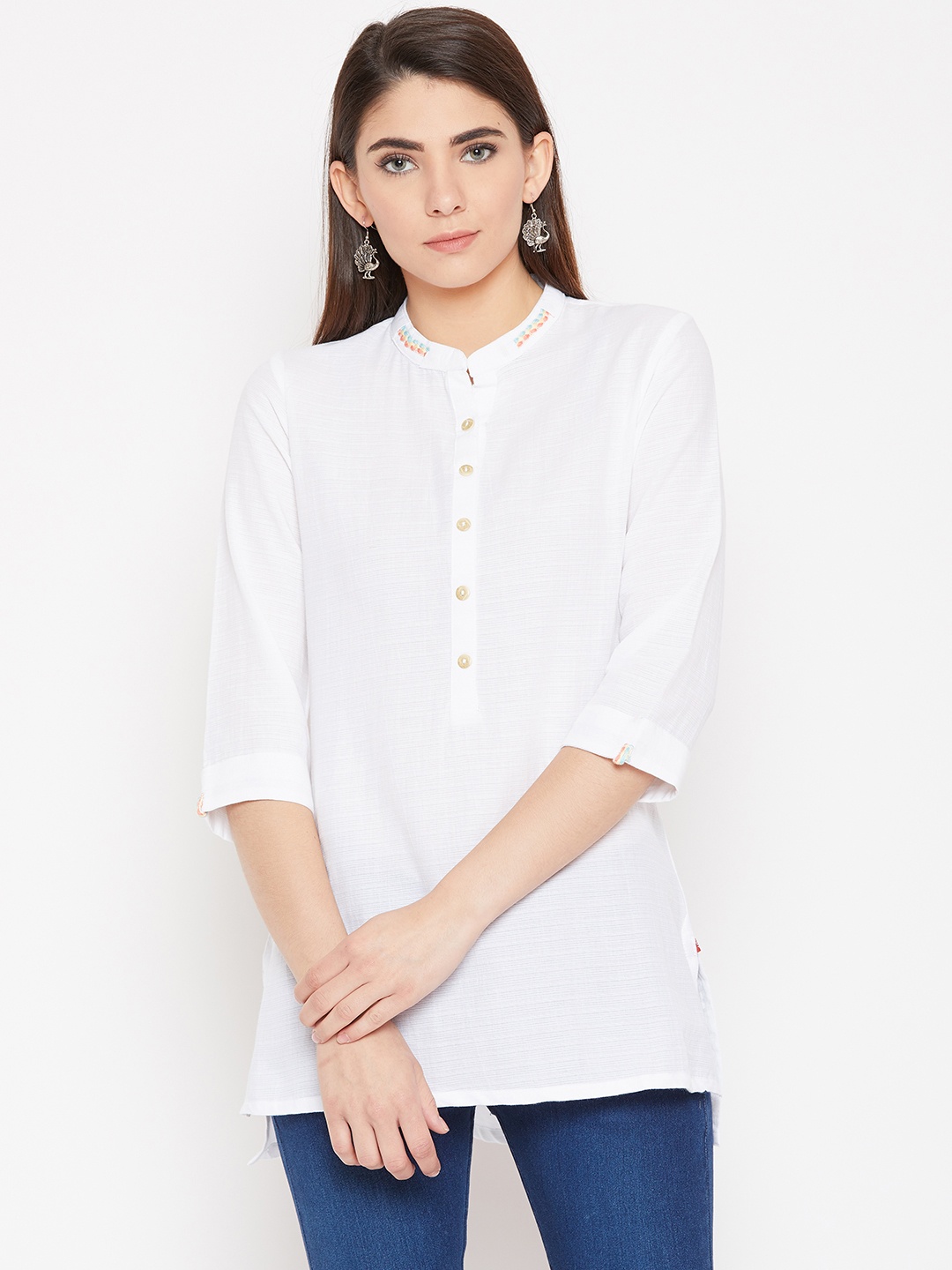 

Biba Women White Solid Pure Cotton Straight Kurti