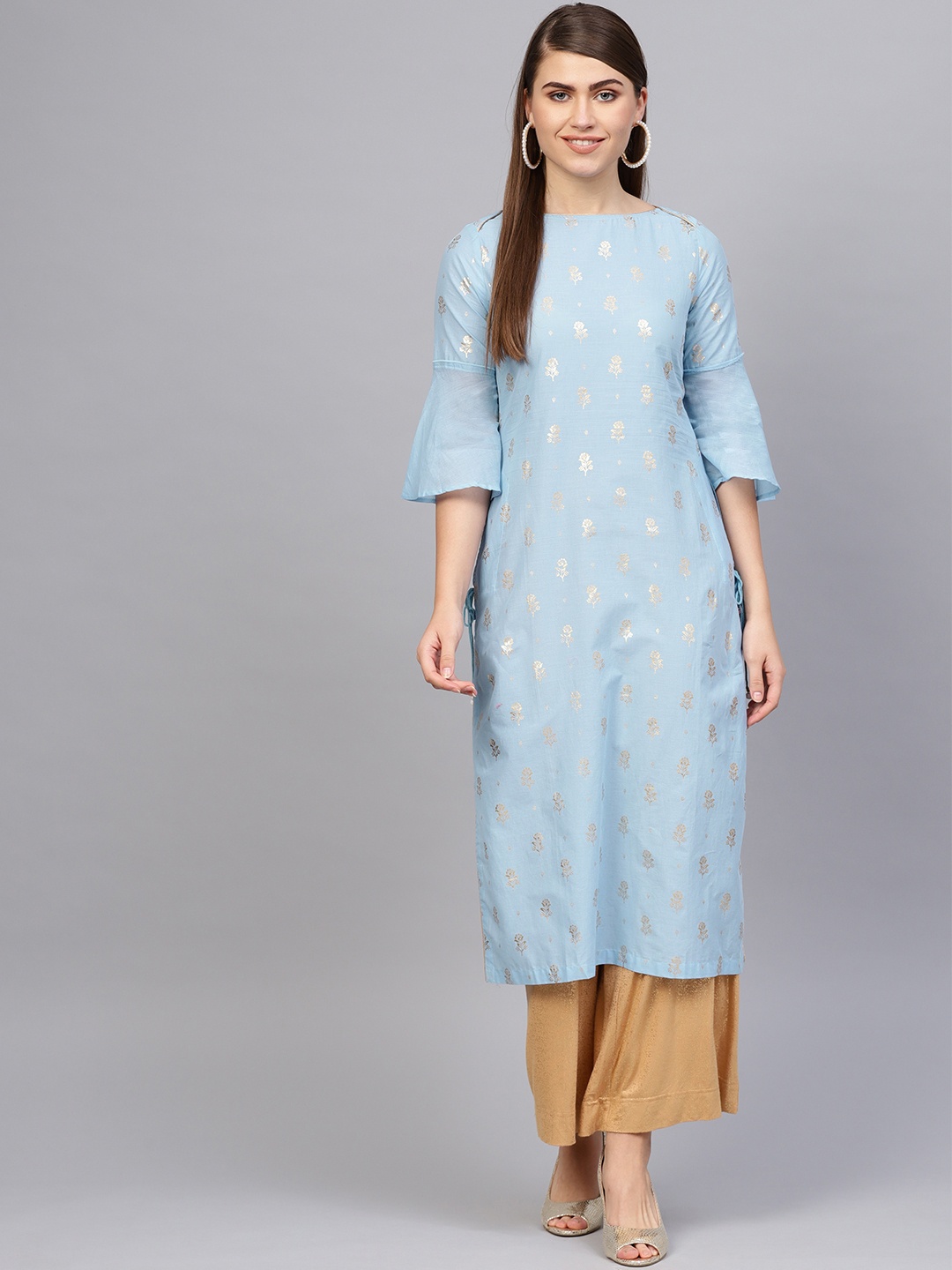 

Biba Women Blue & Golden Printed Straight Kurta