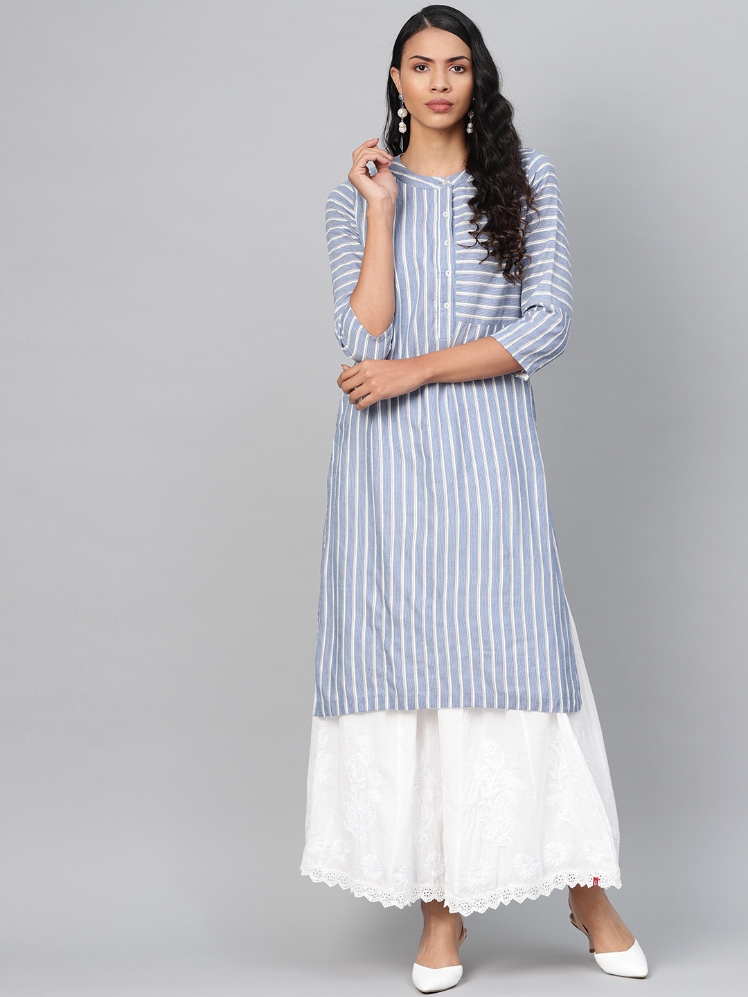 

Biba Women Blue & Off-White Striped Straight Kurta