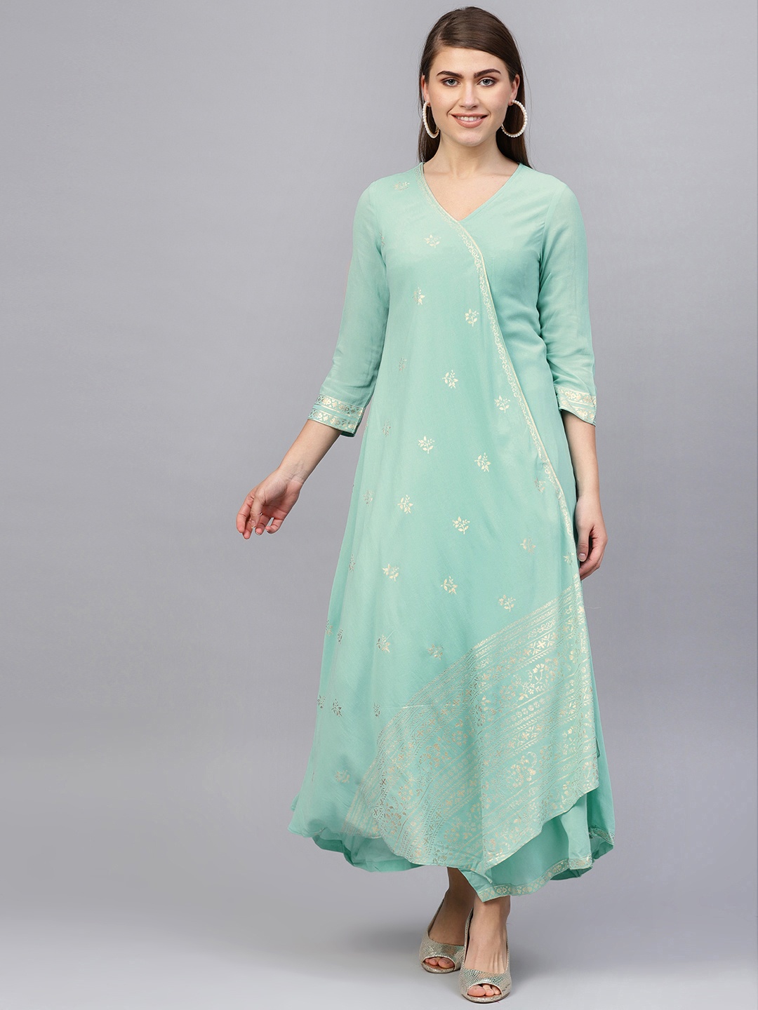 

Biba Women Sea Green & Golden Printed Layered Asymmetrical Hem A-Line Kurta