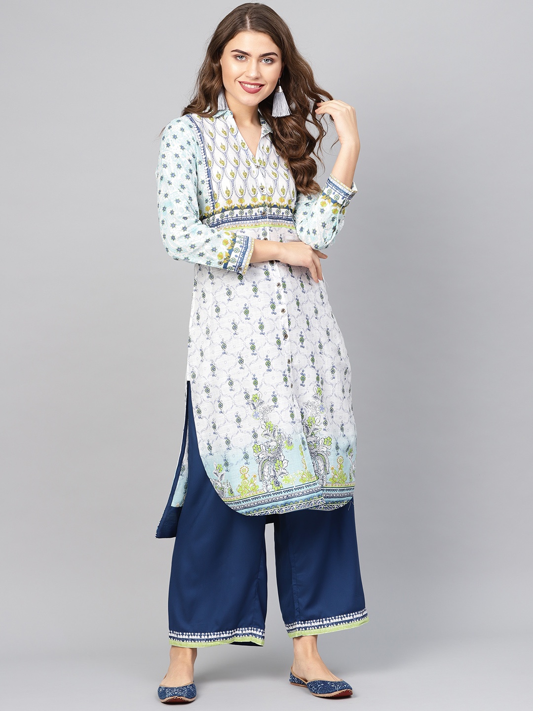 

Biba Women White & Blue Printed Straight Kurta