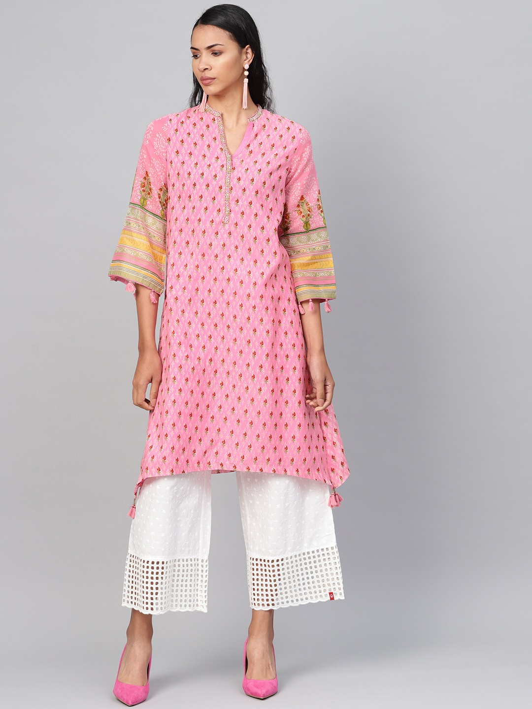 

Biba Women Pink & Off-White Floral Print A-Line Kurta