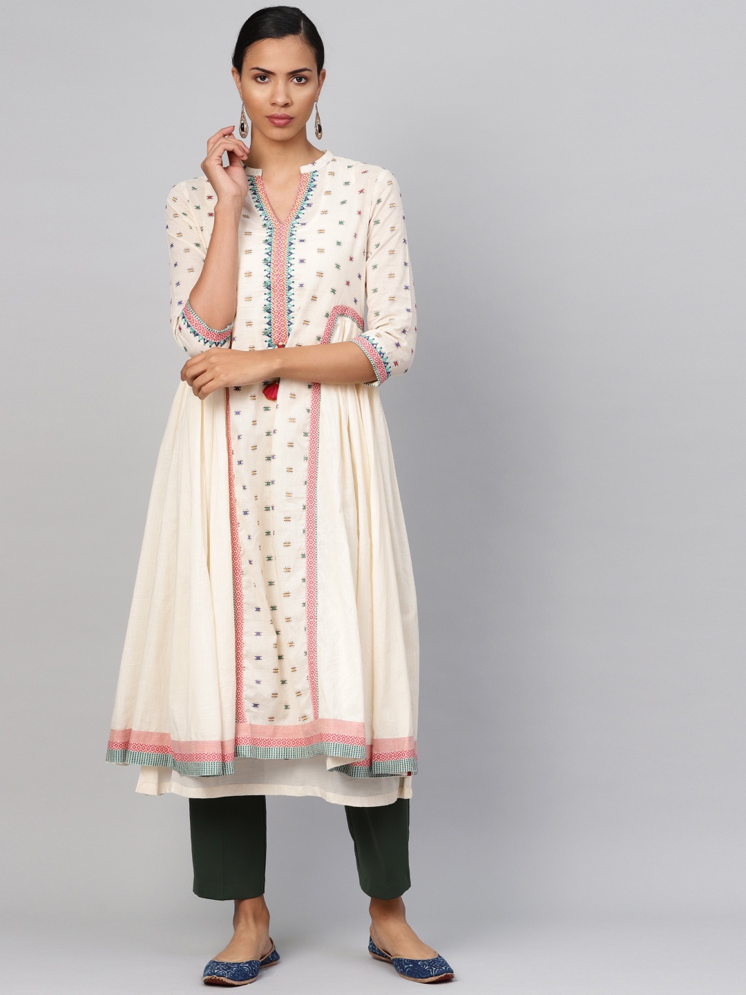 

Biba Women Cream-Coloured & Pink Woven Design Layered A-Line Kurta