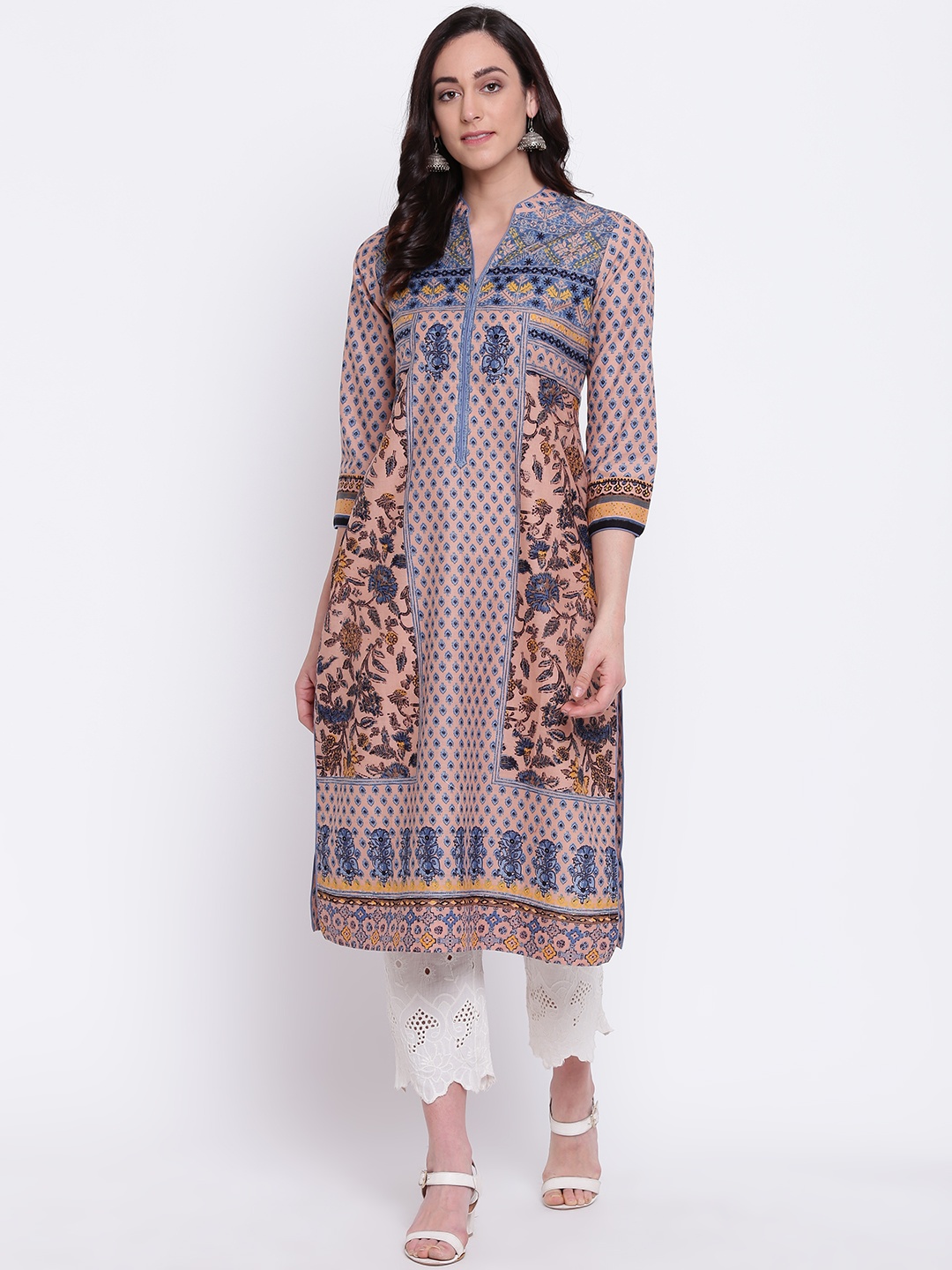 

Biba Women Peach-Coloured & Blue Printed Straight Kurta