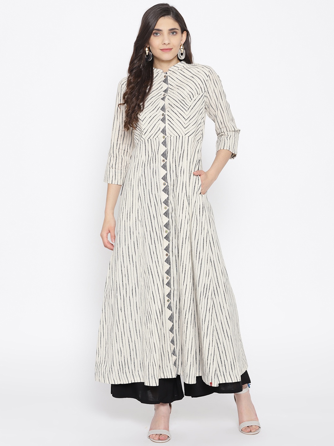 

Biba Women Off-White & Black Striped A-Line Kurta