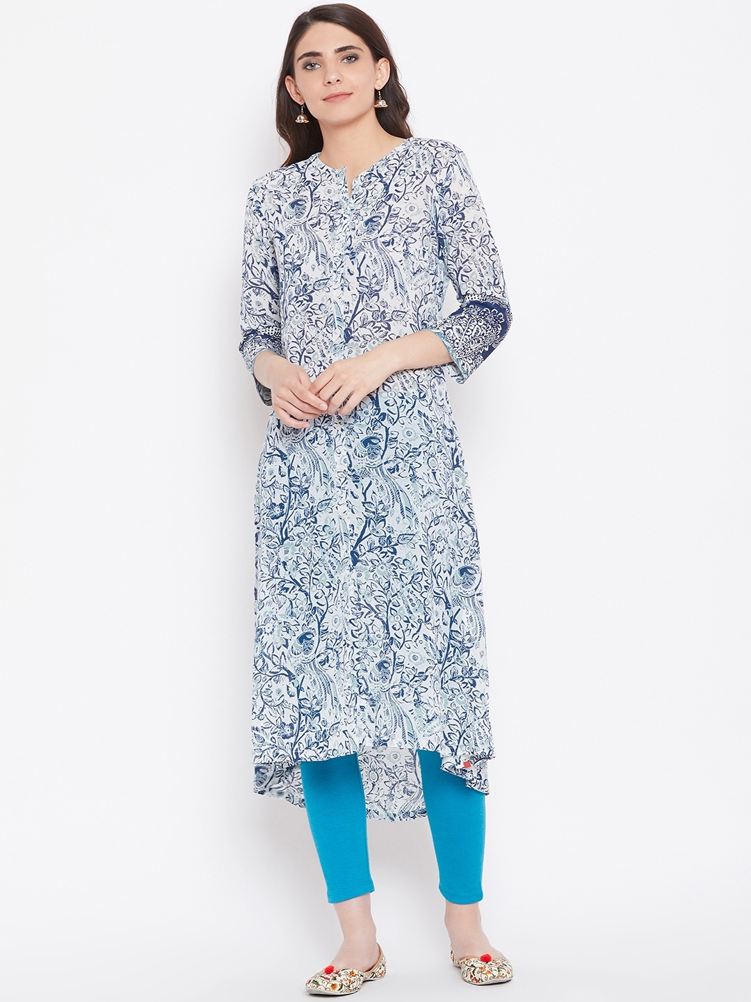 

Biba Women White & Navy Blue Floral Print A-Line Kurta