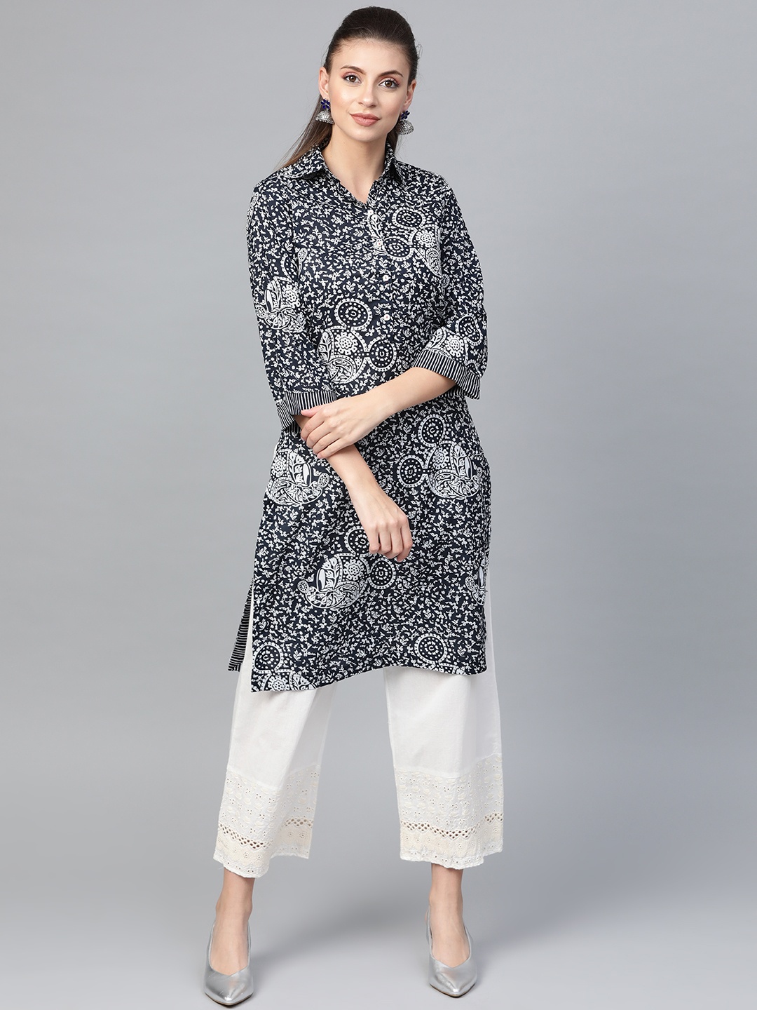 

Biba Women Navy Blue & White Printed Straight Kurta