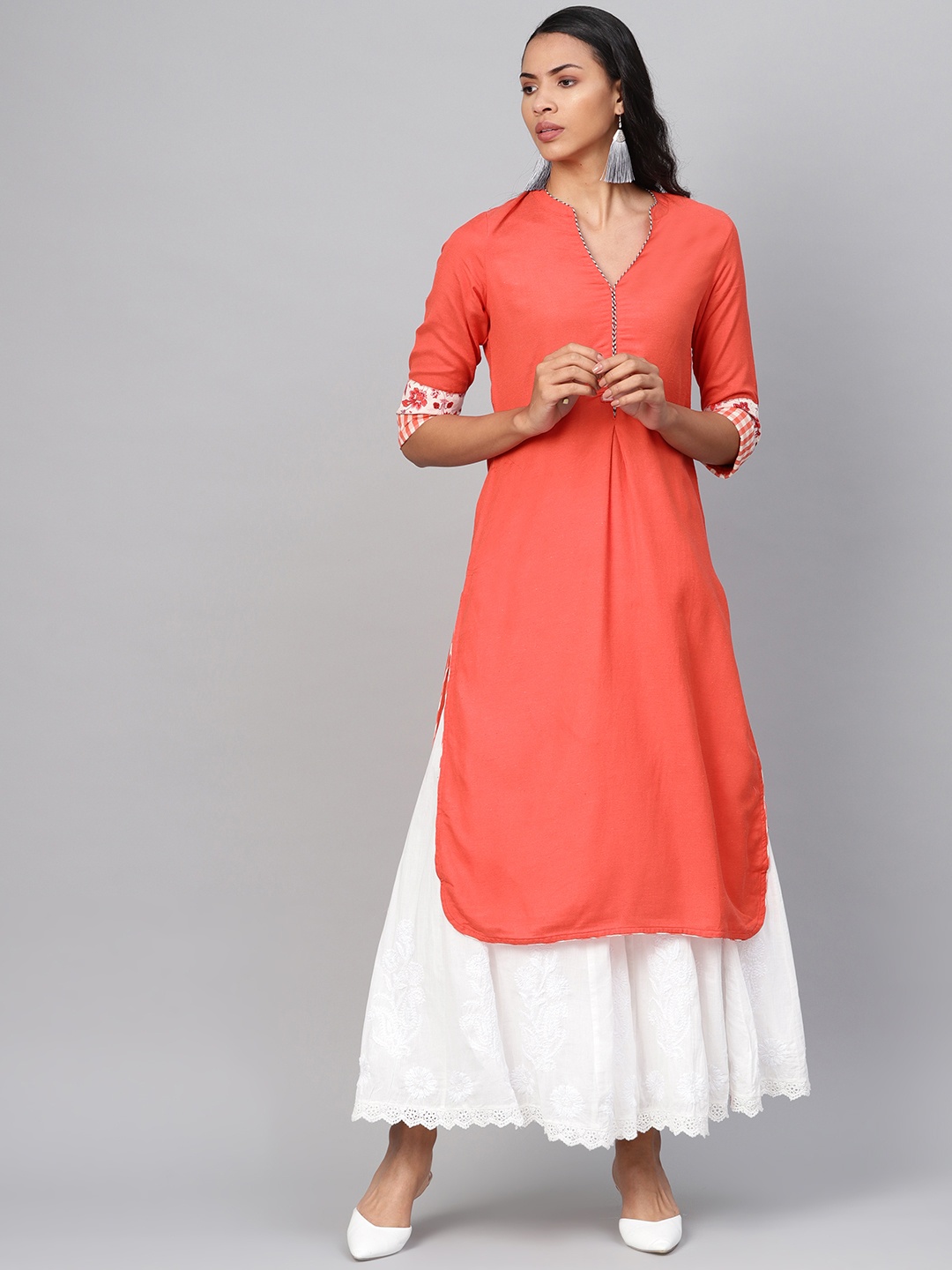 

Biba Women Coral-Orange Solid A-Line Kurta
