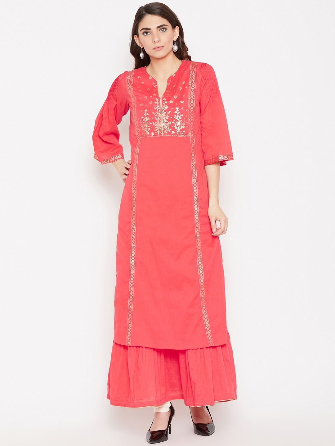 

Biba Women Coral Red & Golden Yoke Design Layered A-Line Kurta