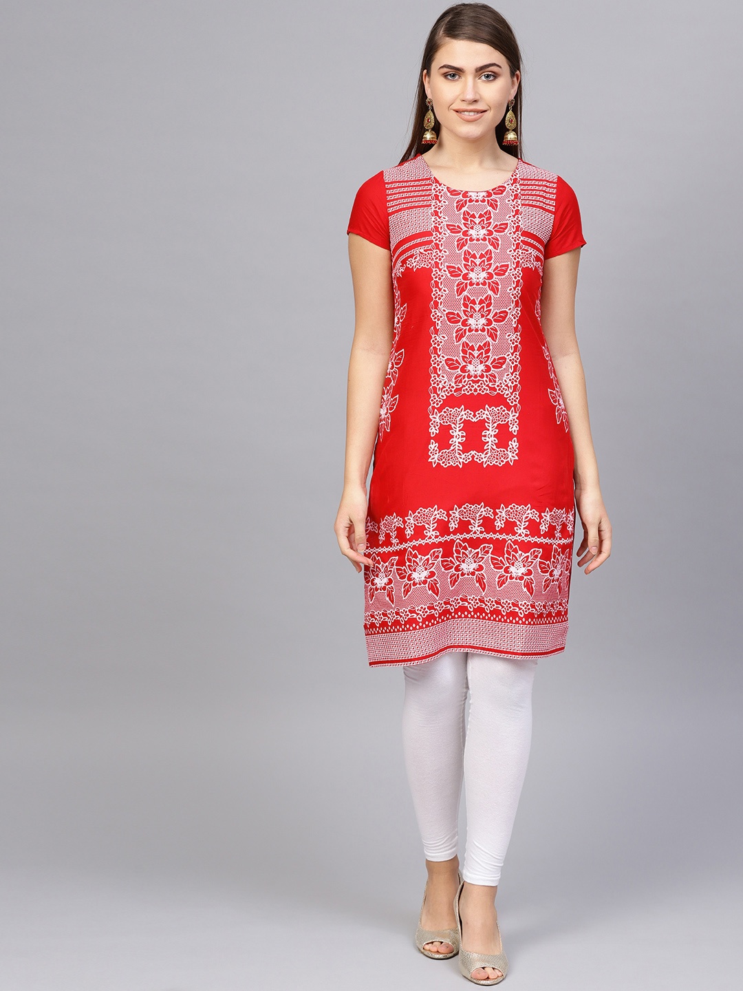 

Biba Women Red & White Floral Printed Straight Kurta