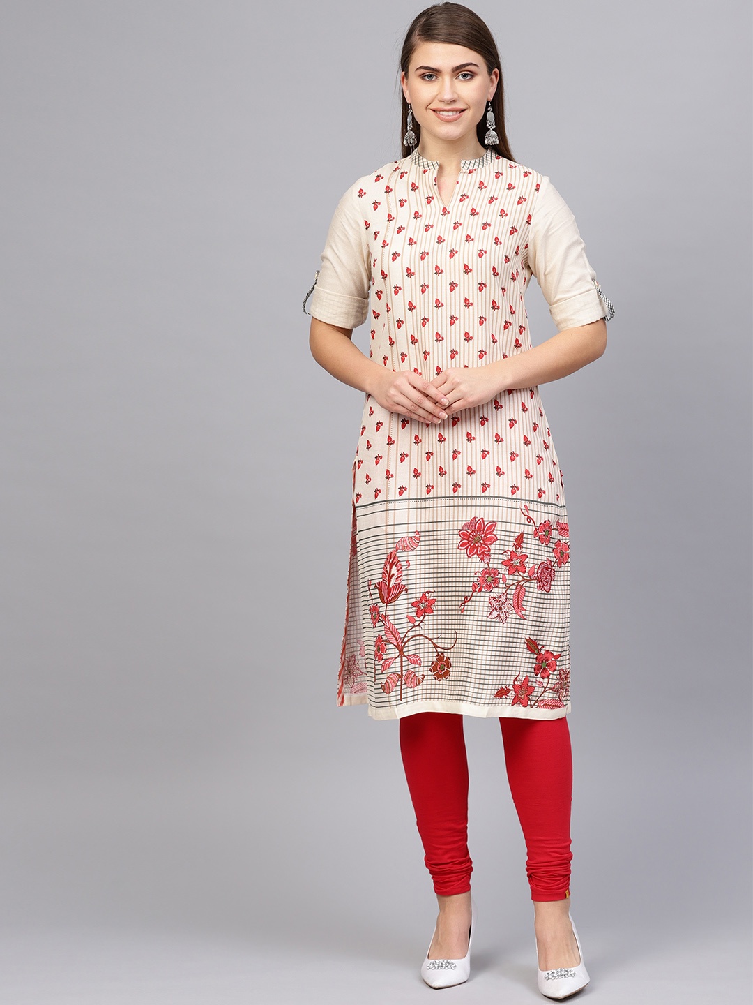 

Biba Women Beige & Red Printed Straight Kurta