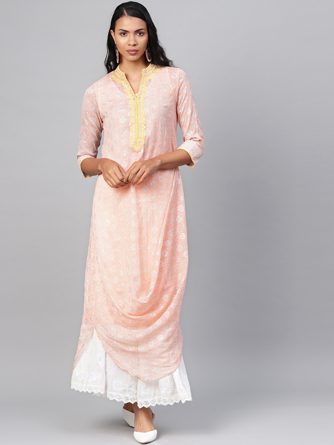 

Biba Women Peach-Coloured & Silver Printed Straight Kurta
