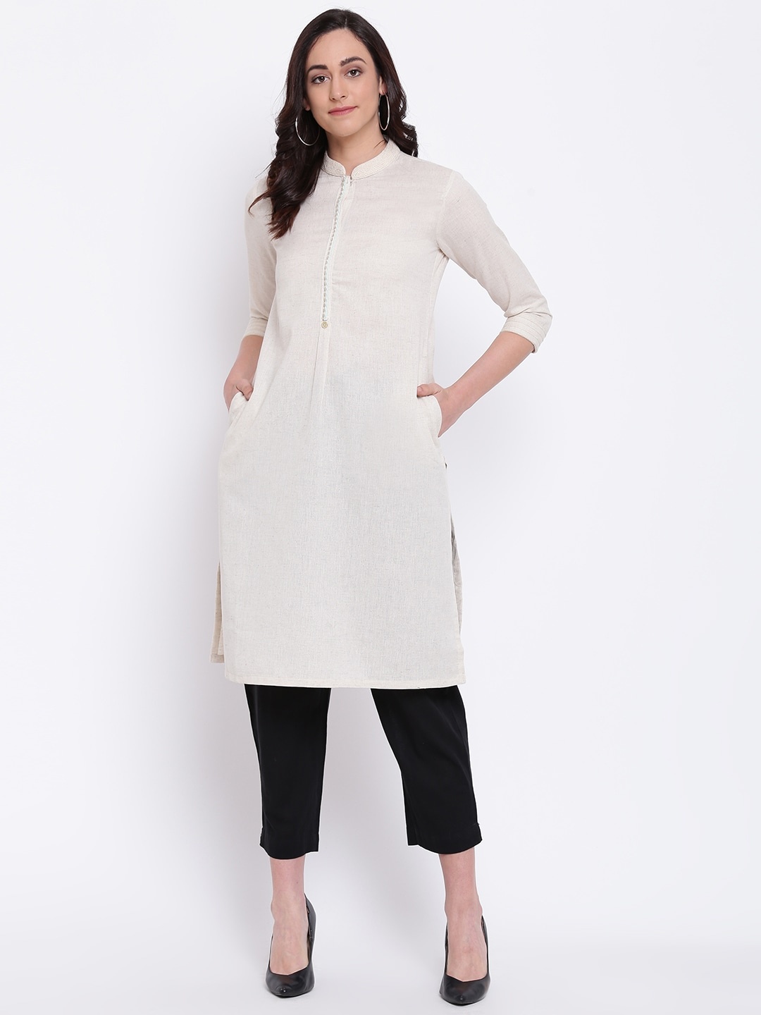 

Biba Women Beige Solid Straight Kurta
