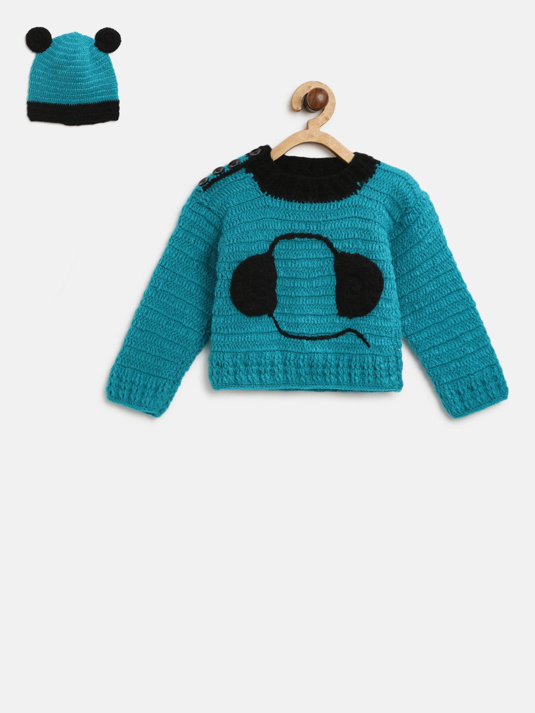 

CHUTPUT Kids Teal Blue & Black Applique Pullover with Beanie