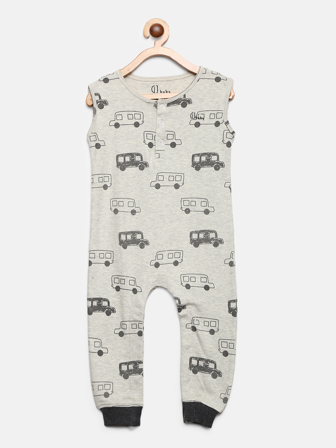 

Gini and Jony Boys Grey Melange Printed Rompers