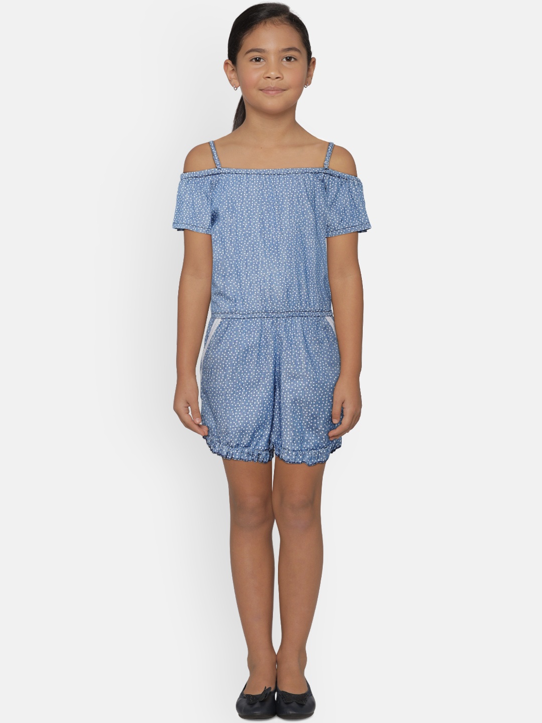 

Gini and Jony Girls Blue Printed Off-Shoulder Playsuit