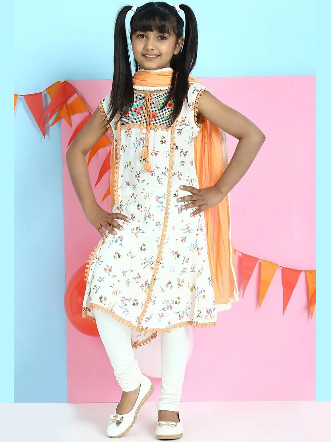 

Biba Girls Off White & Orange Floral Printed Liva Kurta with Churidar & Dupatta