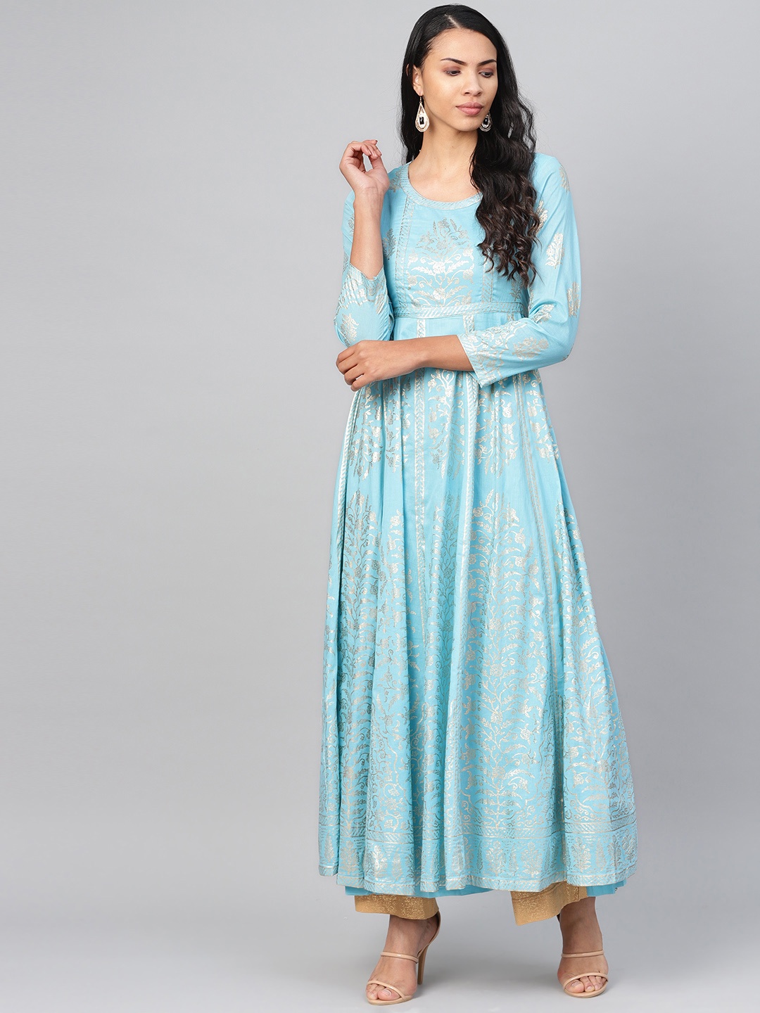 

Biba Light Blue Silver Foil Print Anarkali Kurta