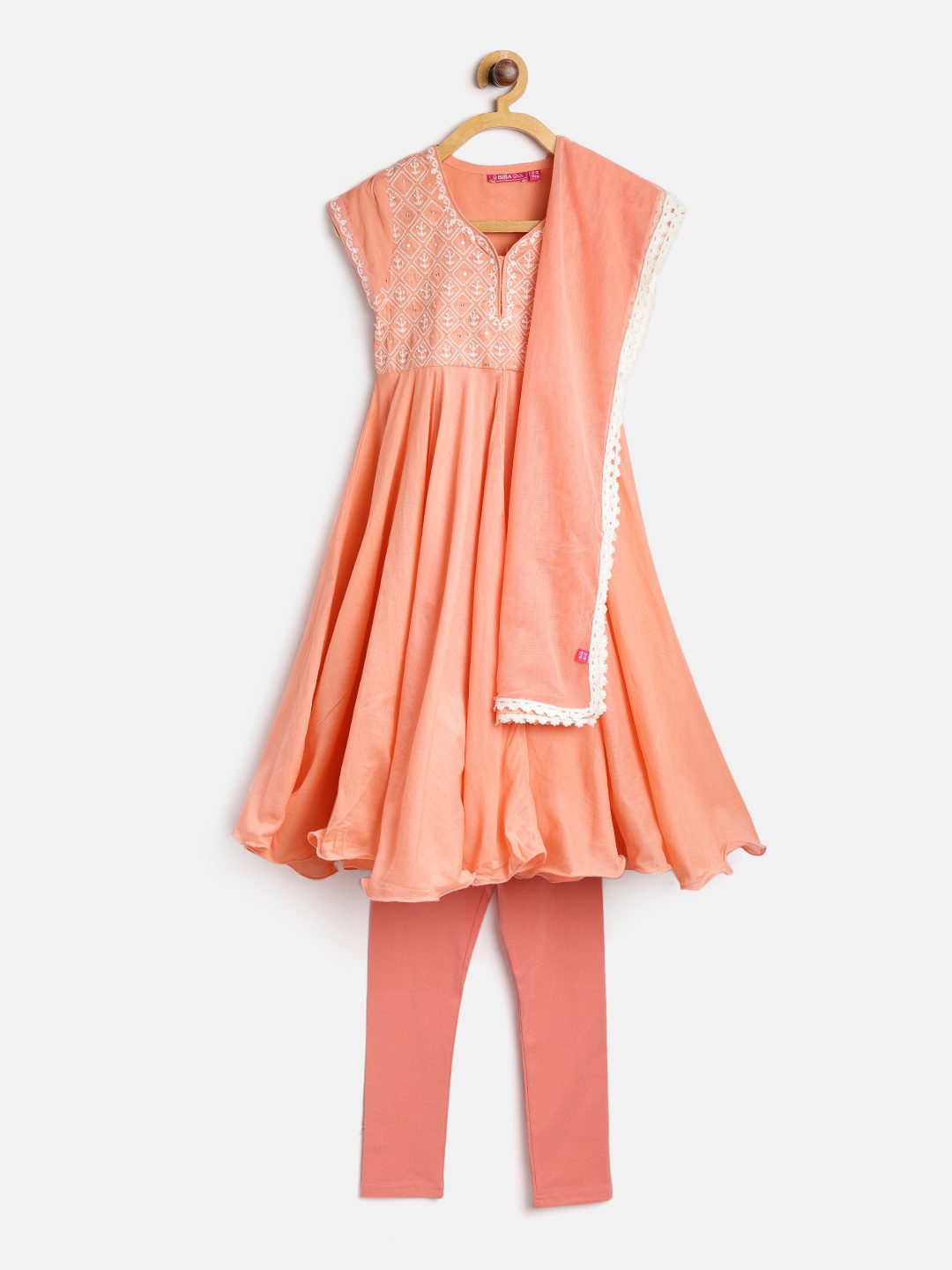 

Biba Girls Peach-Coloured Embroidered Kurta with Churidar & Dupatta