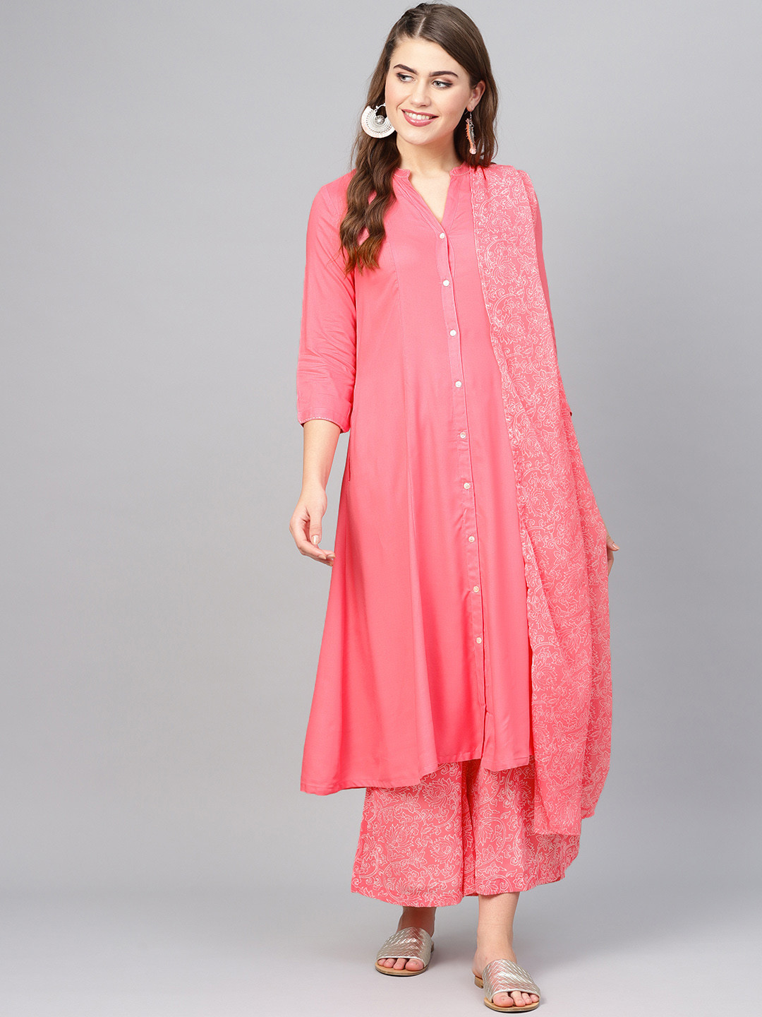 

Biba Women Coral Pink & Off-White Solid Kurta with Printed Palazzos & Dupatta